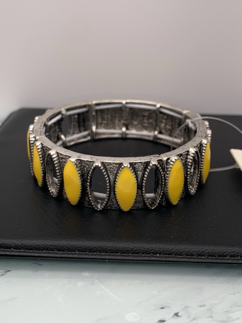 NWT Antiqued silver tone & Yellow enamel Stretch Bracelet boho western
